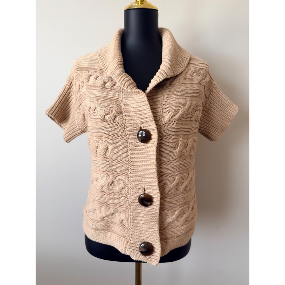 Talbots Petites Tan Beige Cable Knit Short Sleeve Cardigan Shawl Collar SP